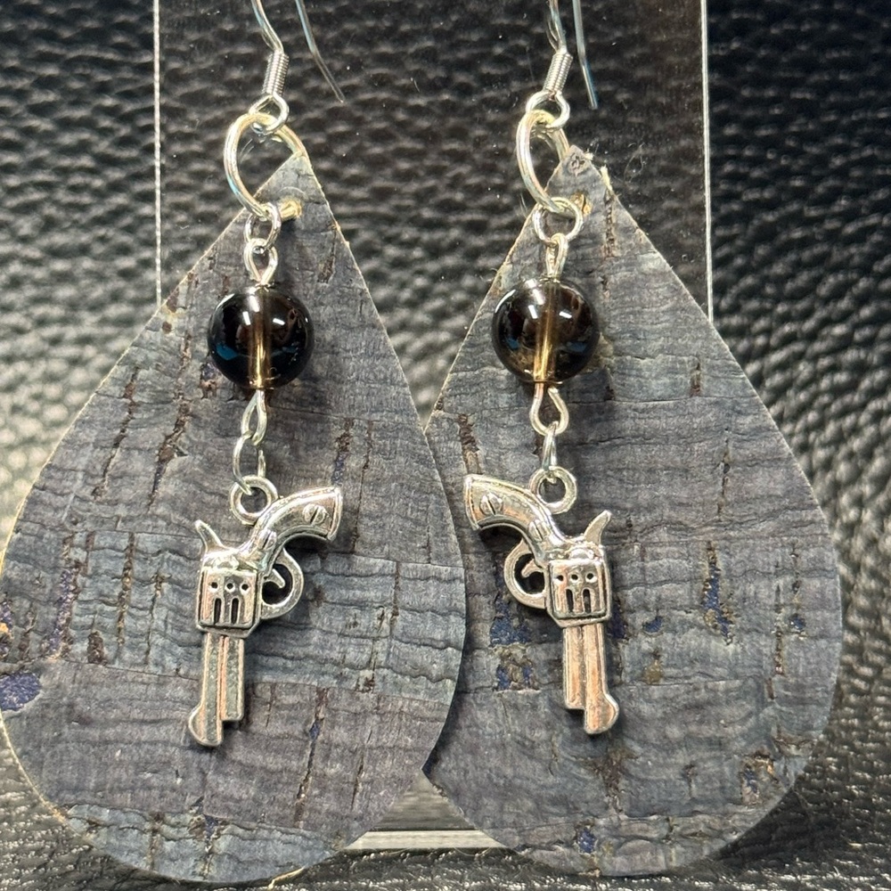 Cork Teardrop Earrings with Silvery Pistol Charms